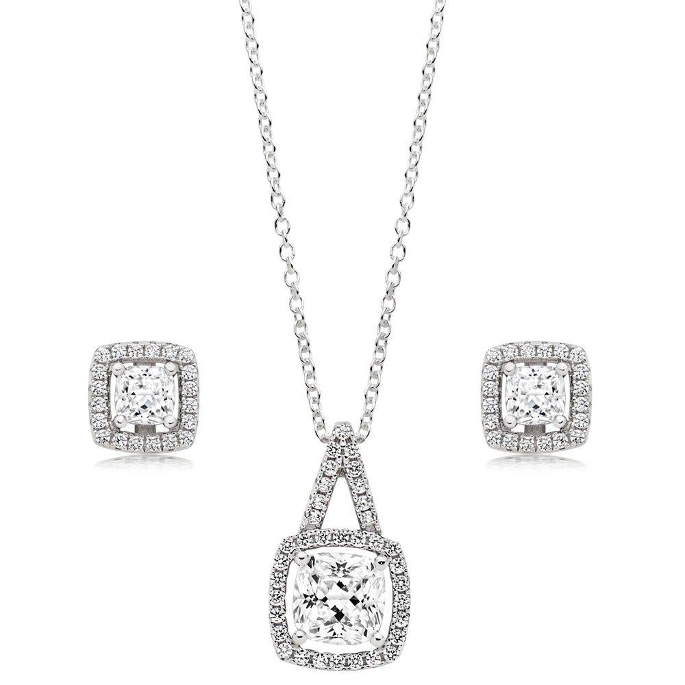 Silver Cubic Zirconia Halo Pendant and Earrings Set